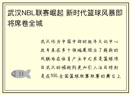 武汉NBL联赛崛起 新时代篮球风暴即将席卷全城