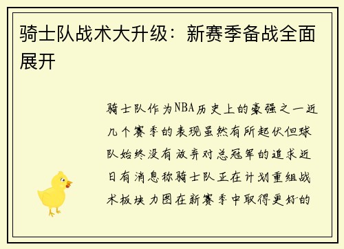 骑士队战术大升级：新赛季备战全面展开
